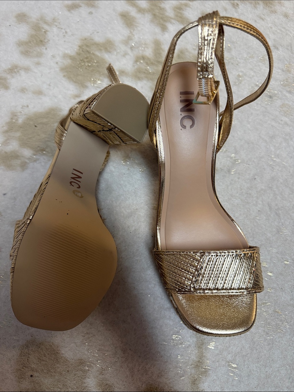 INC International Concepts Metallic Gold Strappy Block Heel Sandals